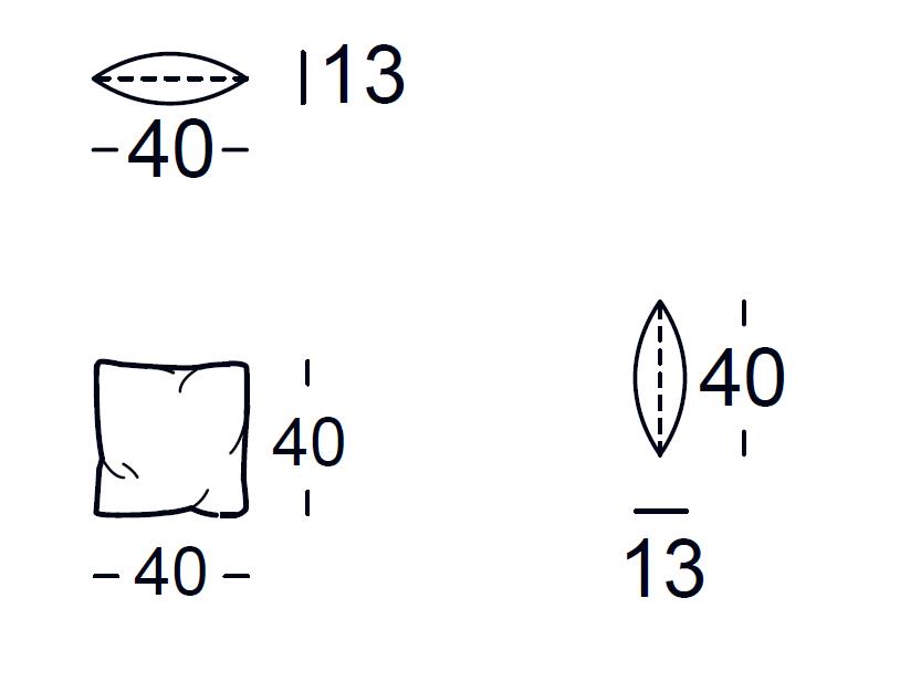 Illustration von Kissen mit Maßangaben: 40x40 cm quadratisches Kissen und 40x13 cm rundes Kissen.