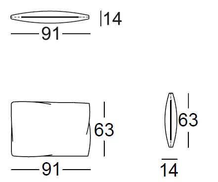 Schemazeichnung eines rechteckigen Objekts mit den Maßen 91 cm Breite, 63 cm Höhe und 14 cm Tiefe