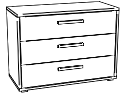 Illustration einer Kommode mit drei Schubladen und drei Griffen vor weißem Hintergrund Cessina von Hasena
