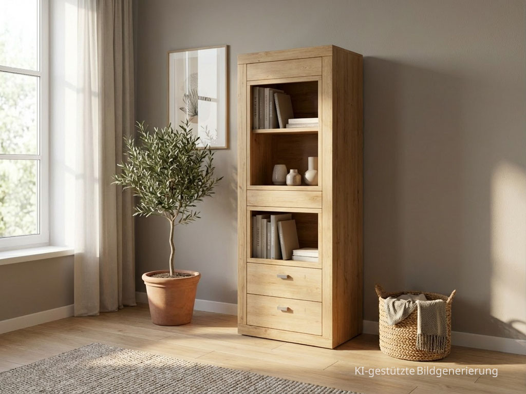 moderner brauner Regalschrankstilvoll dekoriert in einem hellen Raum, Bild KI generiert
