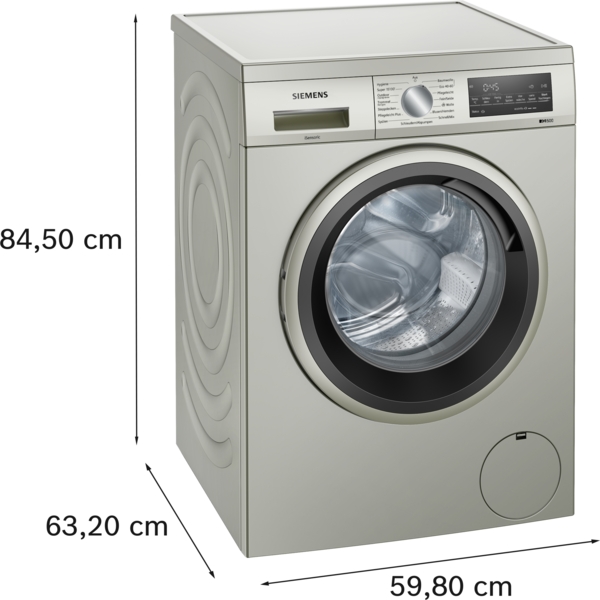 Siemens Waschmaschine iQ500, 84,50 cm Höhe, 59,80 cm Breite, 63,20 cm Tiefe, silbernes Design, Frontansicht