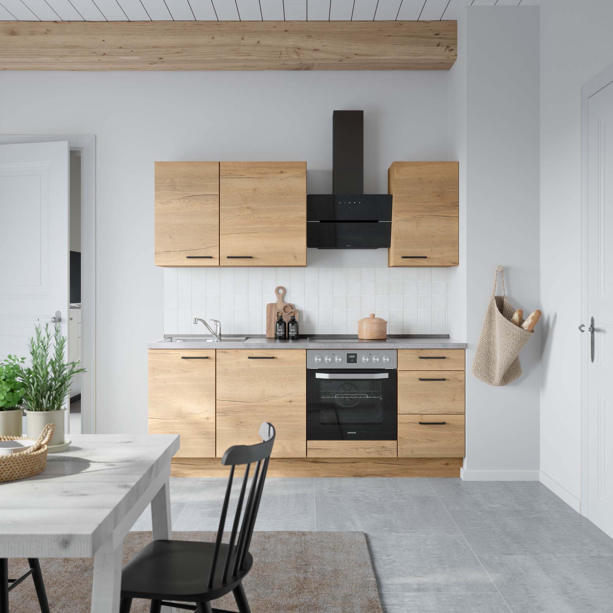 küchenzeile braun, grau mit Backofen, Herd, Dunstabzugshaube, Waschbecken, Armatur nobilia structura
