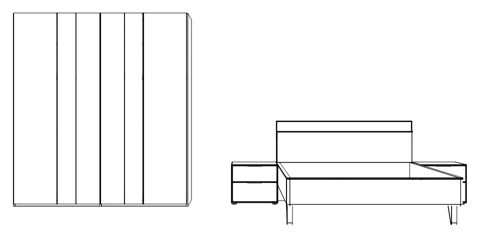 Illustration von einem Schrank und einem Bett mit zwei Konsolen vor weißem Hintergrund