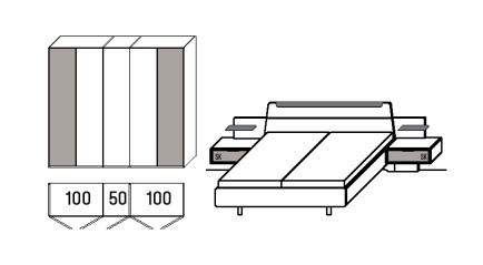 Illustration von einem Schrank mit fünf Türen und Maßangaben und einem Bett mit zwei Konsolen vor weißem Hintergrund