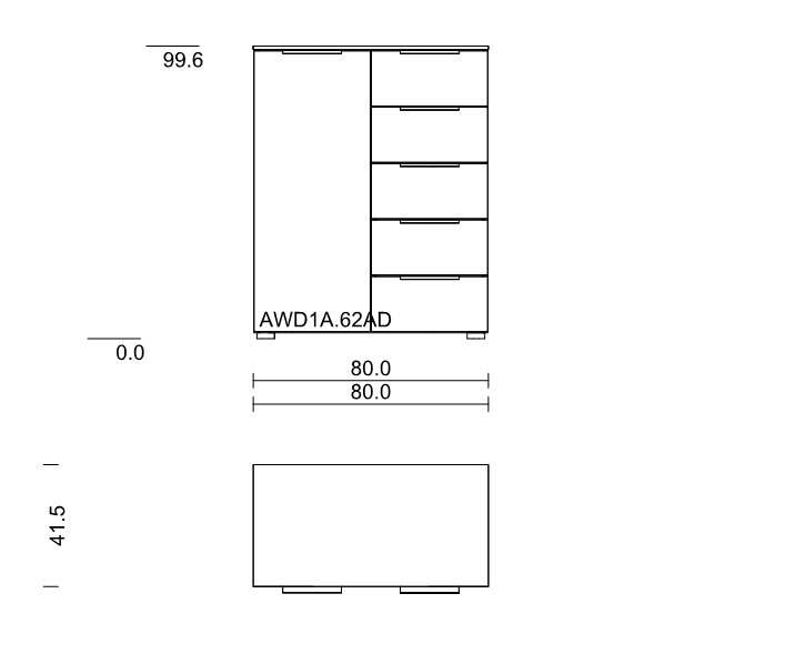 Maßzeichnung einer Kommode mit fünf Schubladen und einer Drehtür vor weißem Hintergrund