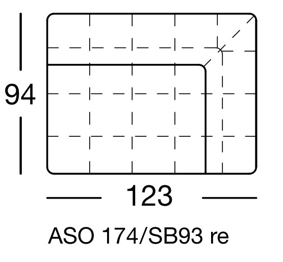 Maßzeichnung eines Sofaelements vor weißem Hintergrund