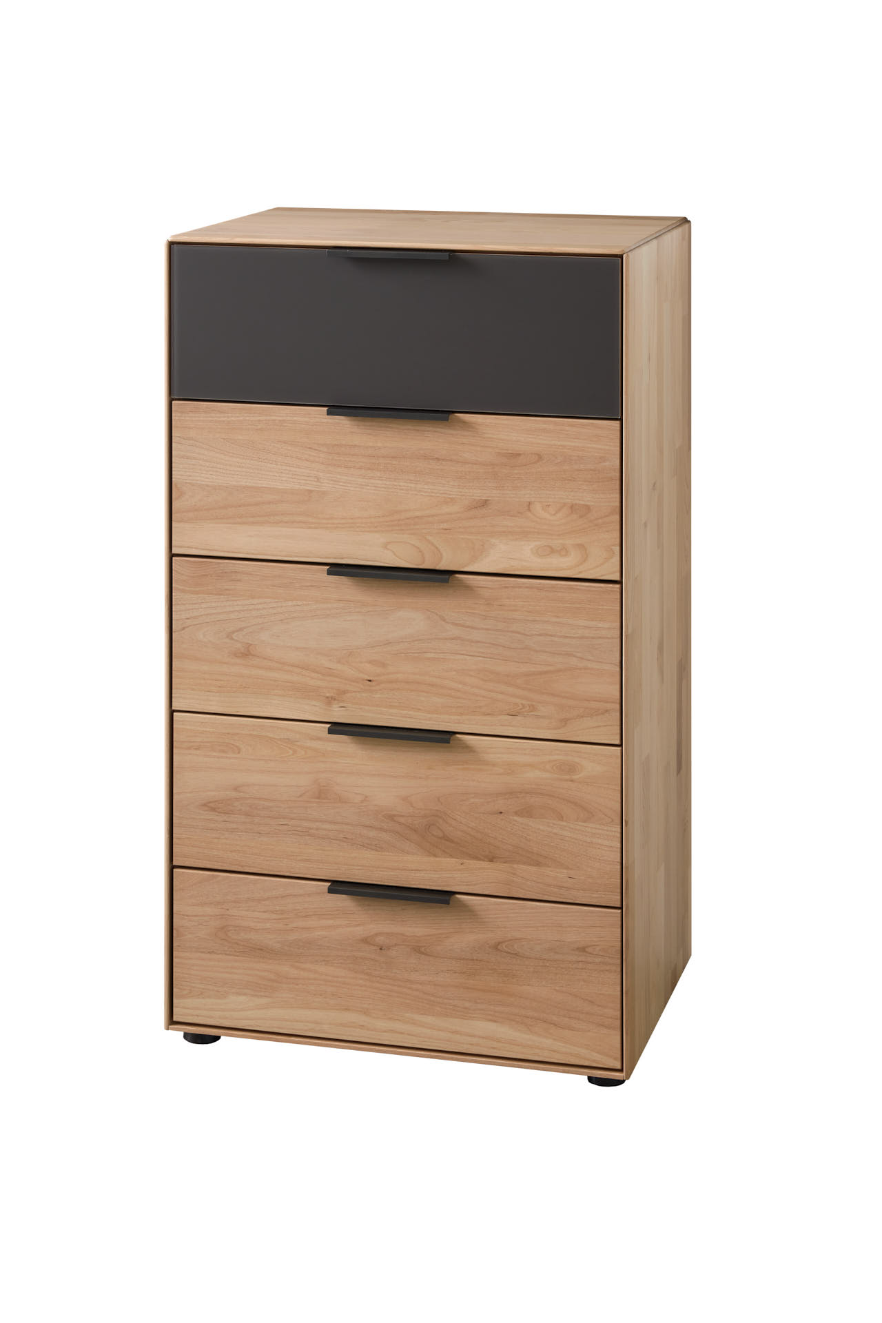 Kommode mit fünf Schubladen, davon eine schwarze und vier in heller Holzoptik