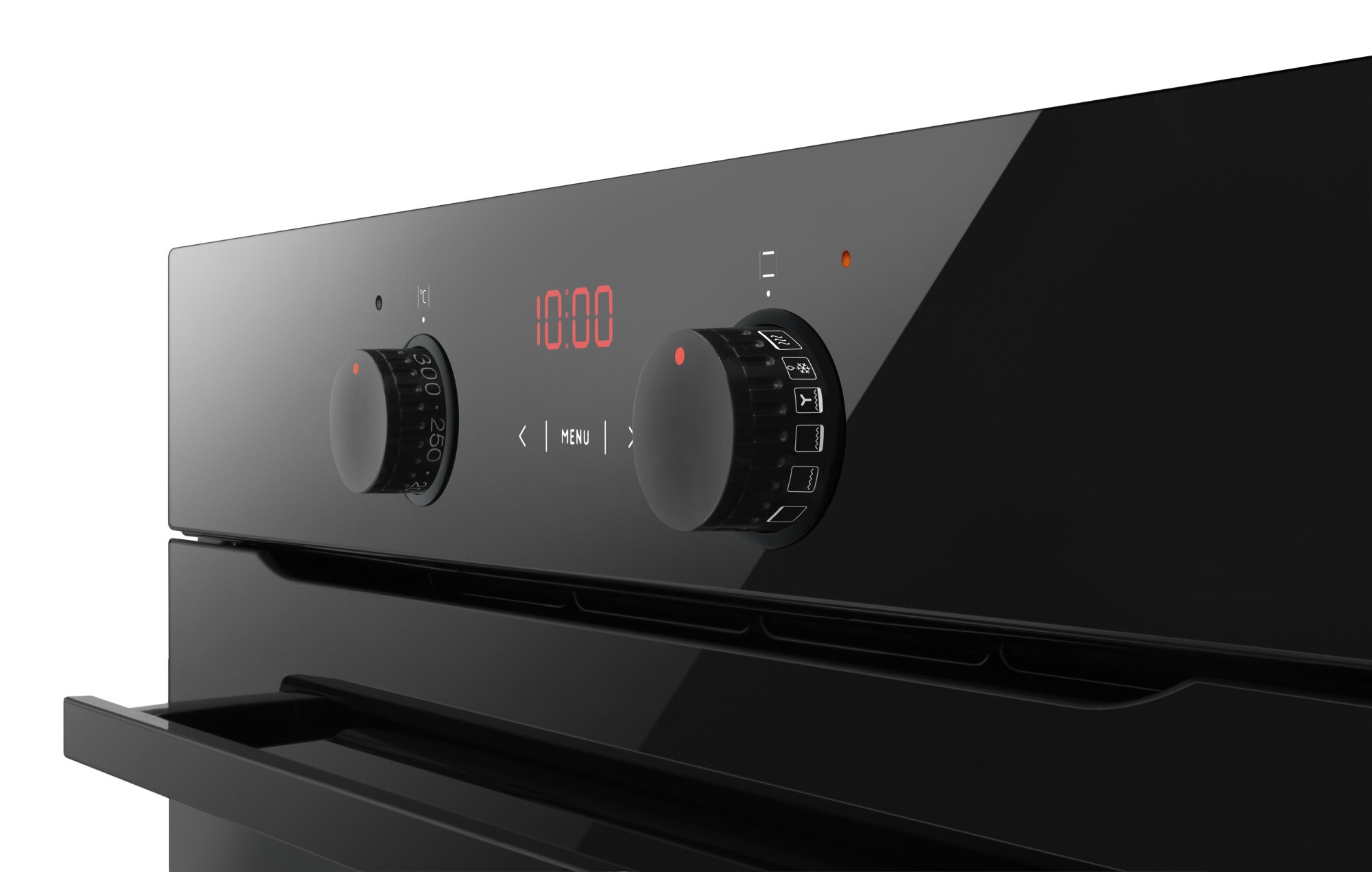 Nahaufnahme der Bedienblende mit zwei versenkbaren Knebeln, digitalem Display und Programmsymbolen.