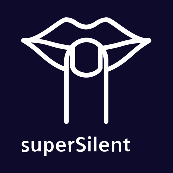 Logo mit Lippen und Finger, darunter der Text 'superSilent', symbolisiert Ruhe