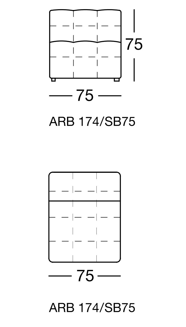 Maßzeichnung eines Sofaelements vor weißem Hintergrund