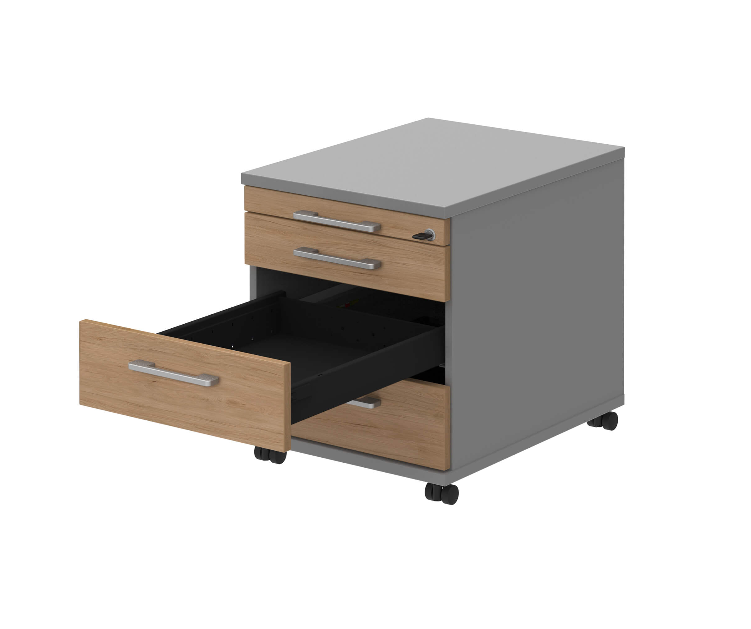 Moderner grauer Rollcontainer mit Holzfront und drei Schubladen, eine davon geöffnet