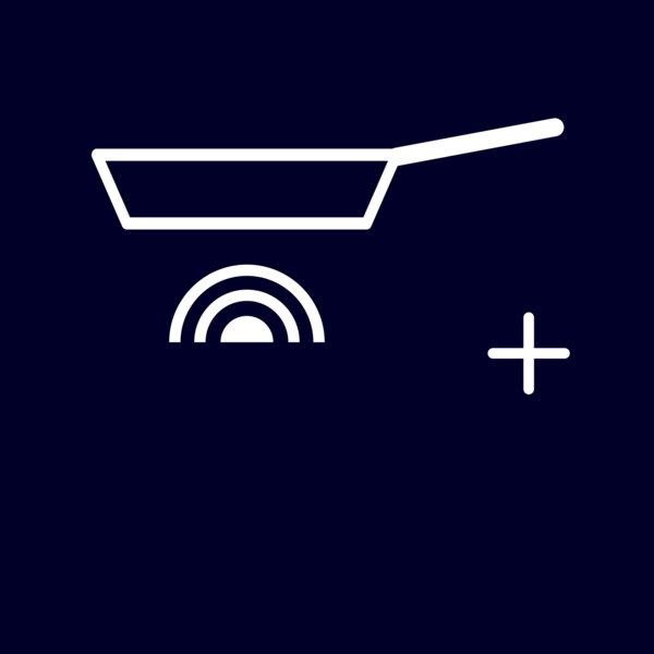Ikone einer Bratpfanne mit Herd und Pluszeichen auf dunkelblauem Hintergrund