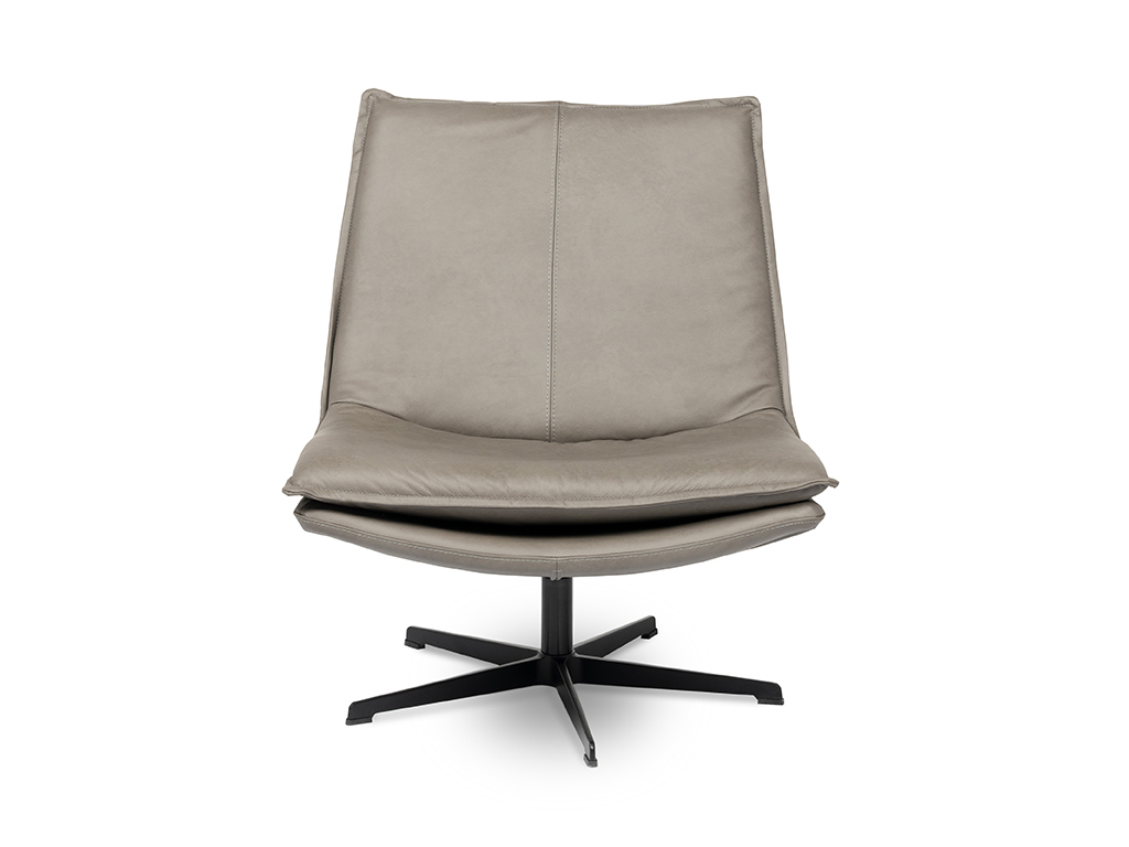 Grauer Ledersessel mit schwarzem Drehfuß, ideal für modernes Wohnzimmer