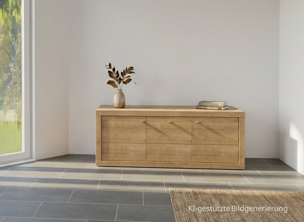 modernes braunes Lowboard stilvoll dekoriert in einem hellen Raum, Bild KI generiert