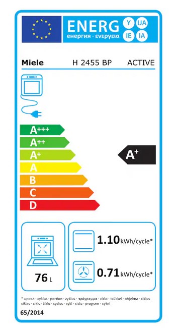 Das Energielabel für einen Miele H 2455 BP Ofen, das eine Energieeffizienzklasse von A+ anzeigt, ein Volumen von 76 Litern und einen Energieverbrauch von 1,10 kWh/Zyklus (konventionell) bzw. 0,71 kWh/Zyklus (Umluft)