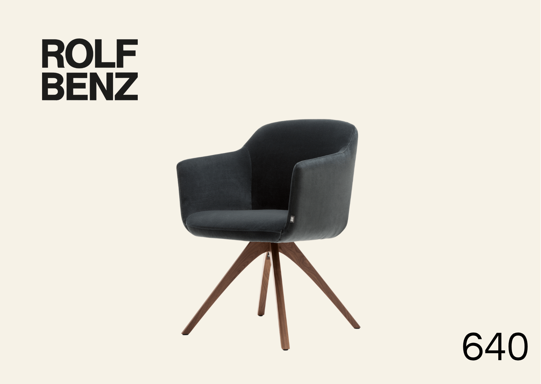 schwarzer Polsterstuhl mit Holzgestell. Aufschrift Bild: Rolf Benz 640.