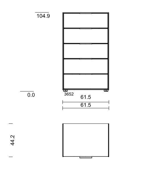 Technische Zeichnung zeigt einen Schubladenschrank mit mehreren Schubladen. Maße sind mit 104,9 cm Höhe, 61,5 cm Breite und 44,2 cm Tiefe angegeben.