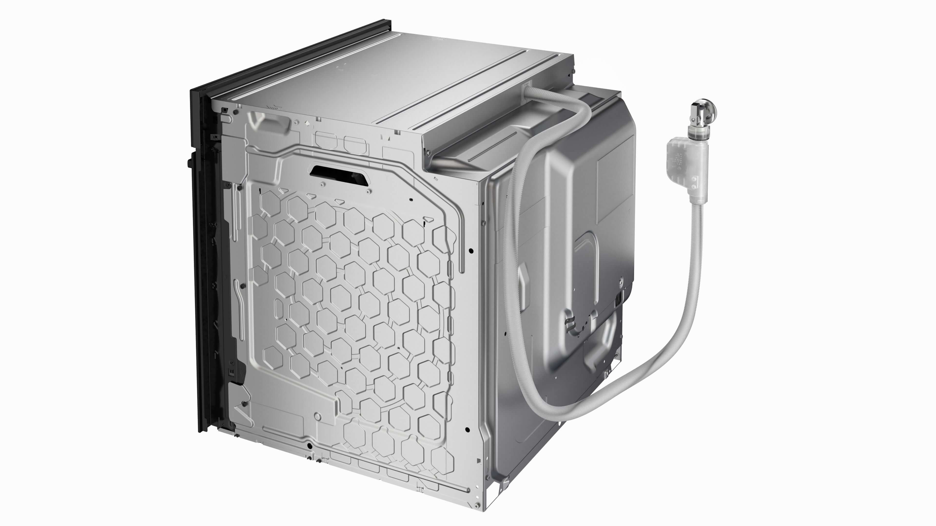 Rückansicht des Siemens studioLine Backofens mit integriertem Schlauch und Anschlussmodul.