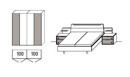 Illustration von einem Schrank mit vier Türen und Maßangaben und einem Bett mit zwei Konsolen vor weißem Hintergrund