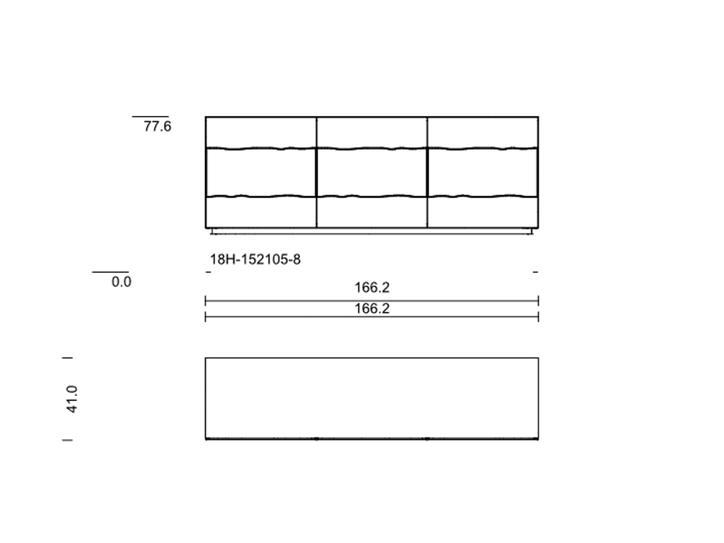 Technische Zeichnung eines Sideboards mit den Maßen: Höhe 77,6 cm, Breite 166,2 cm, Tiefe 41,0 cm.