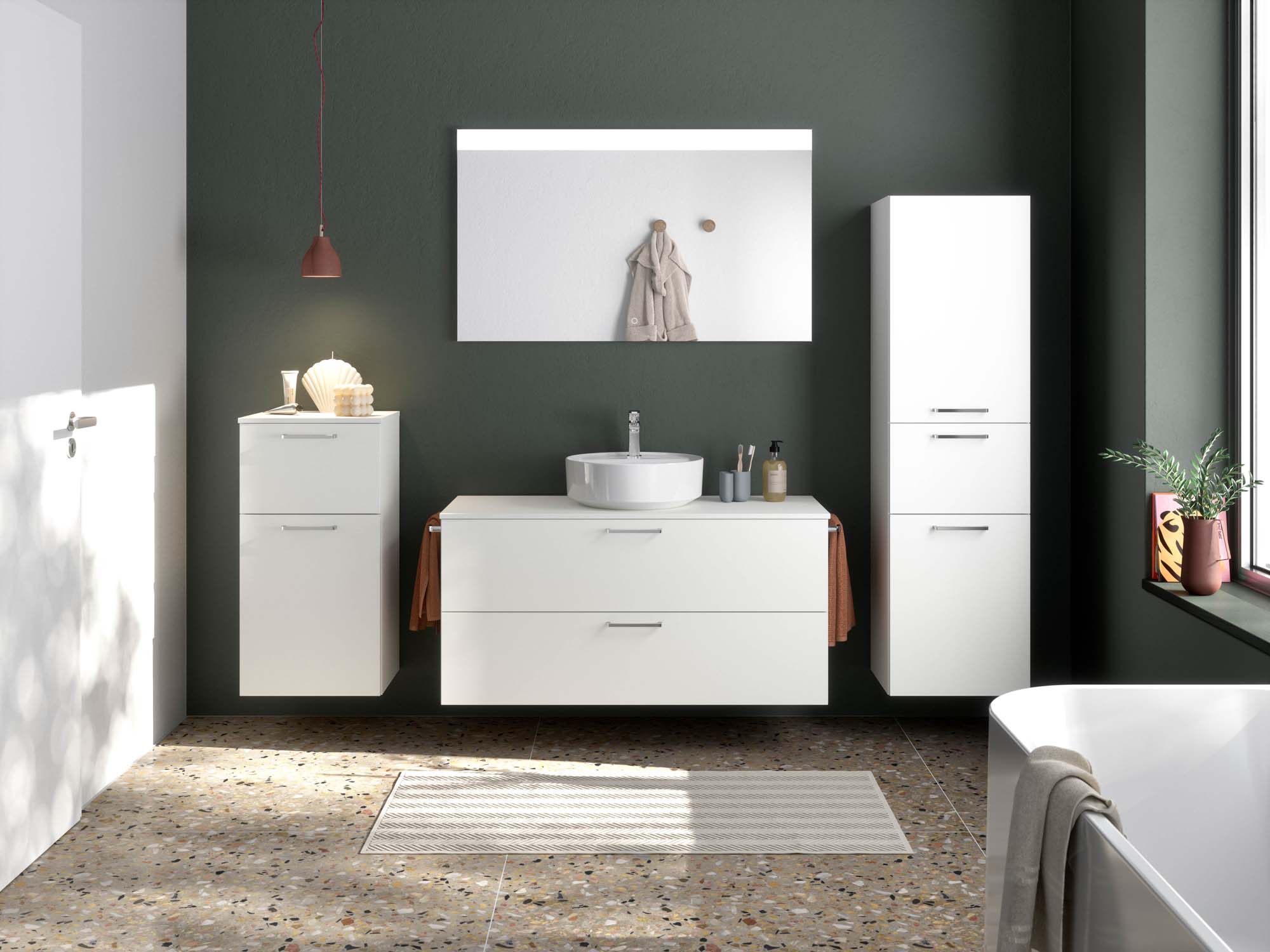 Badezimmermöbel-Set 3 Schränke weiß mit Waschtisch und Spiegel nobilia