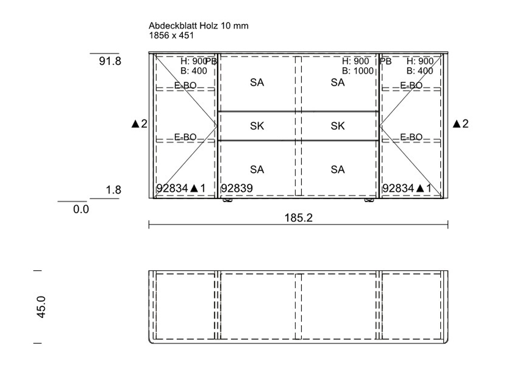 Technische Zeichnung zeigt einen Schrank aus Holz mit spezifischen Maßen und Strukturen.