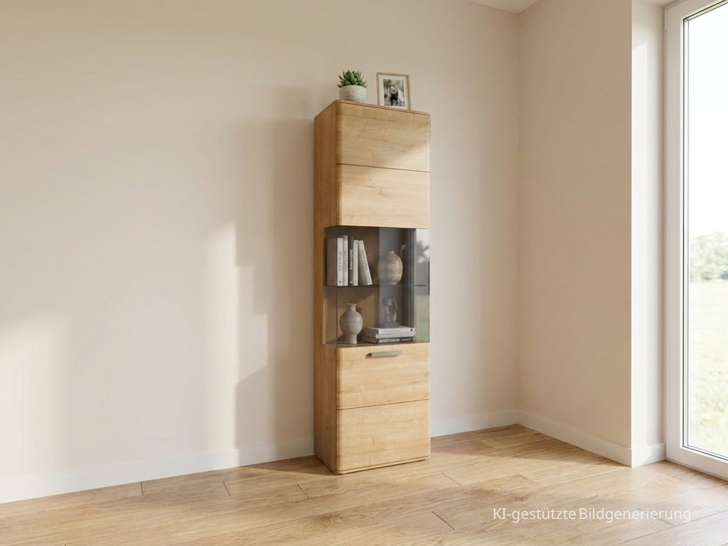 Moderne braune Vitrinen mit markanten Griffen stilvoll dekoriert in einem modernen Zimmer, Bild KI generiert