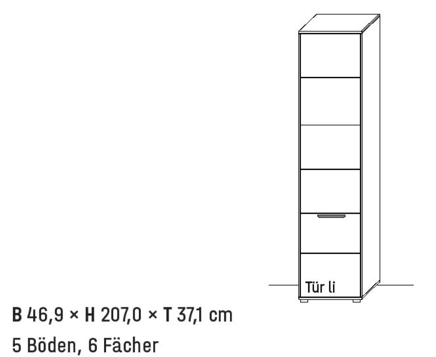 Illustration eines Schrankes mit Maßangabe und Bezeichnung vor weißem Hintergrund