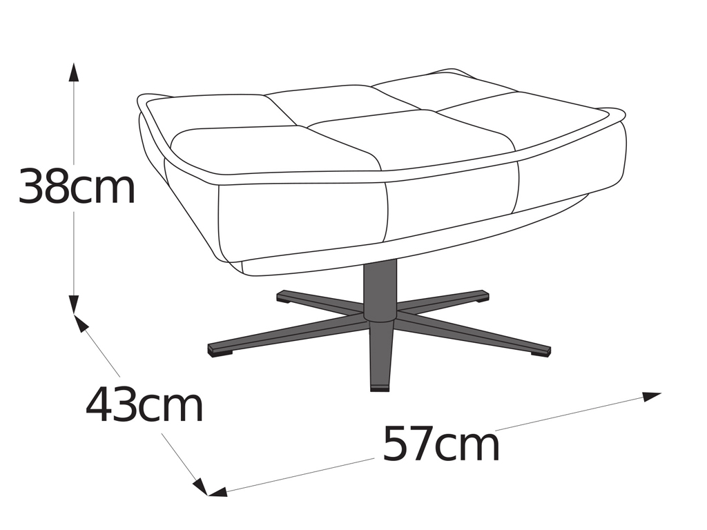 Illustration eines modernen Polsterhockers mit Edelstahlfuß, Abmessungen: Höhe 38 cm, Breite 43 cm, Tiefe 57 cm