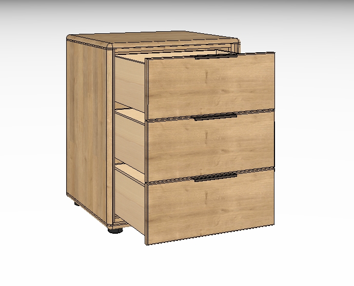 Abbildung eines modernen Holznachttischs mit drei geöffneten Schubladen