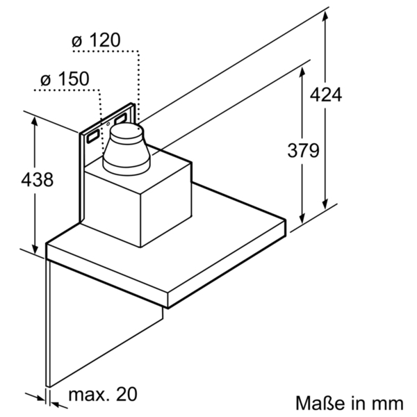 Technische Zeichnung der Wandhalterung mit Maßangaben in Millimeter, einschließlich 120 mm und 150 mm Anschlüsse