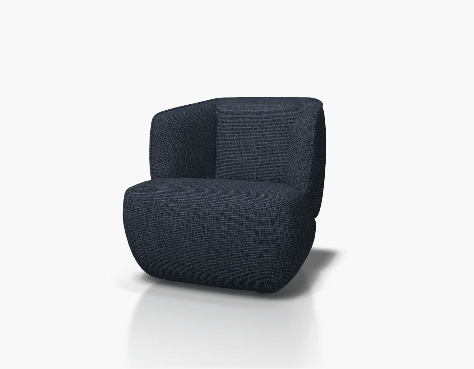 Rolf Benz 384 - Sessel (Loungesessel) | Stoff, stahlblau 20.401 Ein moderner, dunkelblauer Polstersessel mit weichem Stoffbezug und elegantem, abgerundetem Design auf hellem Hintergrund.