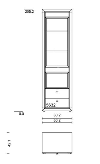 Zeichnung eines Hochschranks mit Regalböden und zwei Schubladen, Höhe 205,2 cm, Breite 60,2 cm, Tiefe 42,1 cm