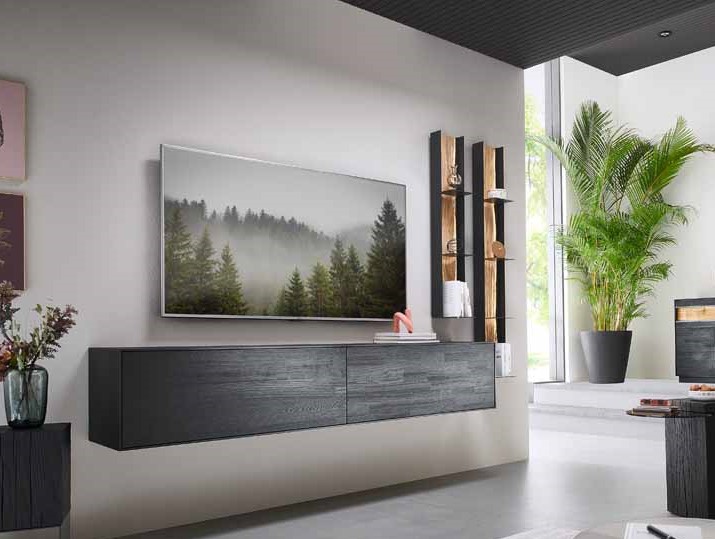 hartmann Kilva - Wohnwand | V30 | B: 247 cm Wohnzimmer mit moderner dunkler Wohnwand, hängendem TV, dekorativem Regal und großen Pflanzen