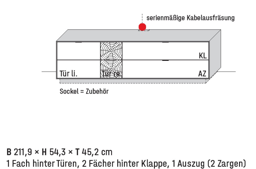Illustration eines Lowboards und Beschriftung vor weißem Hintergrund