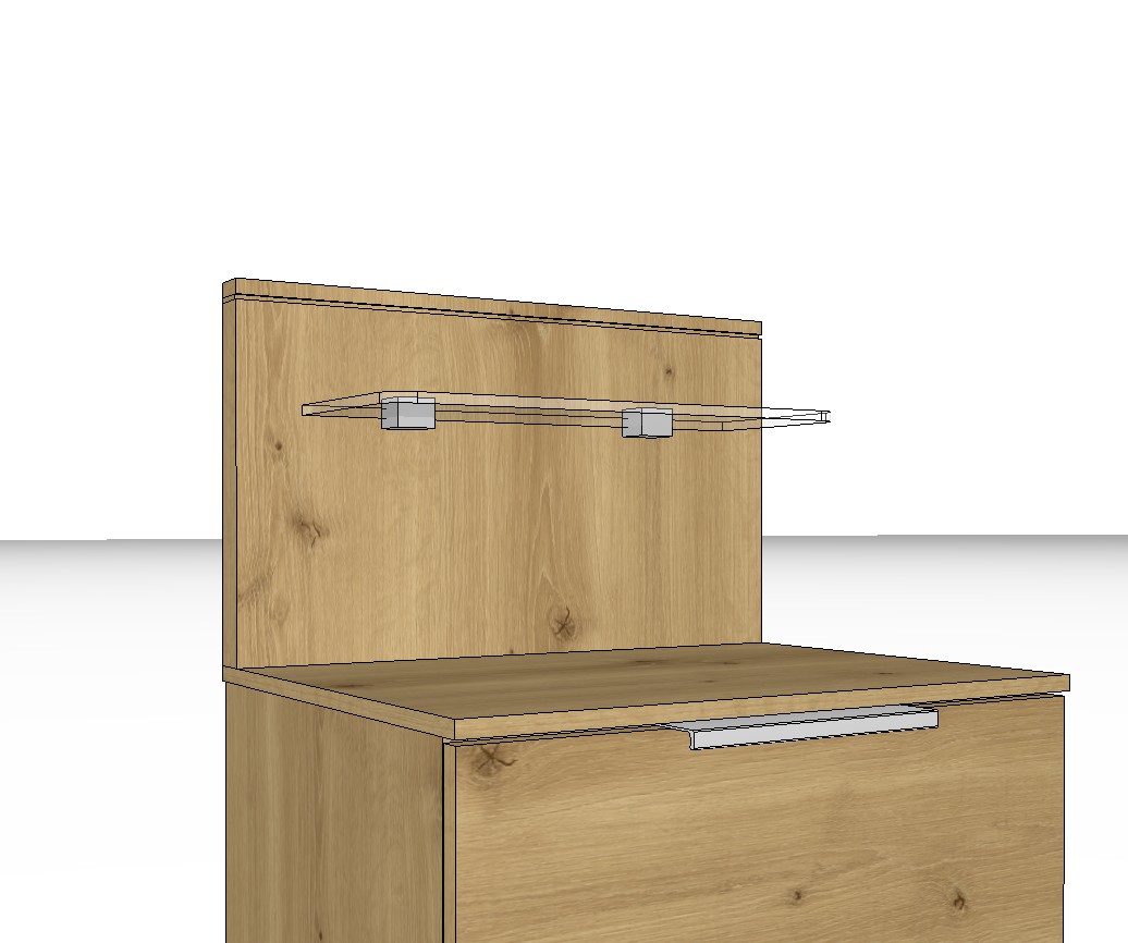 Nahaufnahme eines Holzpaneel mit Glasablage für eine NAchtkonsole aus Holz vor weißem Hintergrund