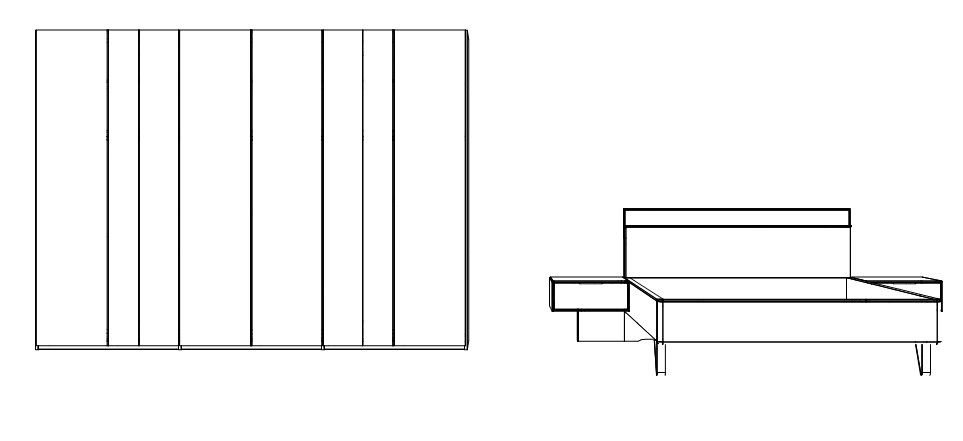 Illustration von einem Schrank und einem Bett mit zwei Konsolen vor weißem Hintergrund
