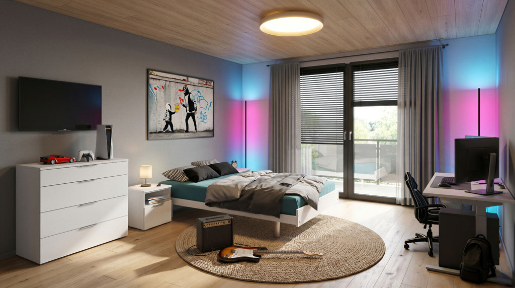 Modernes Jugendzimmer mit weißem Einzelbett, alufarbenen Füßen, Schreibtisch, Fernseher und bunter LED-Beleuchtung (KI-generiert)