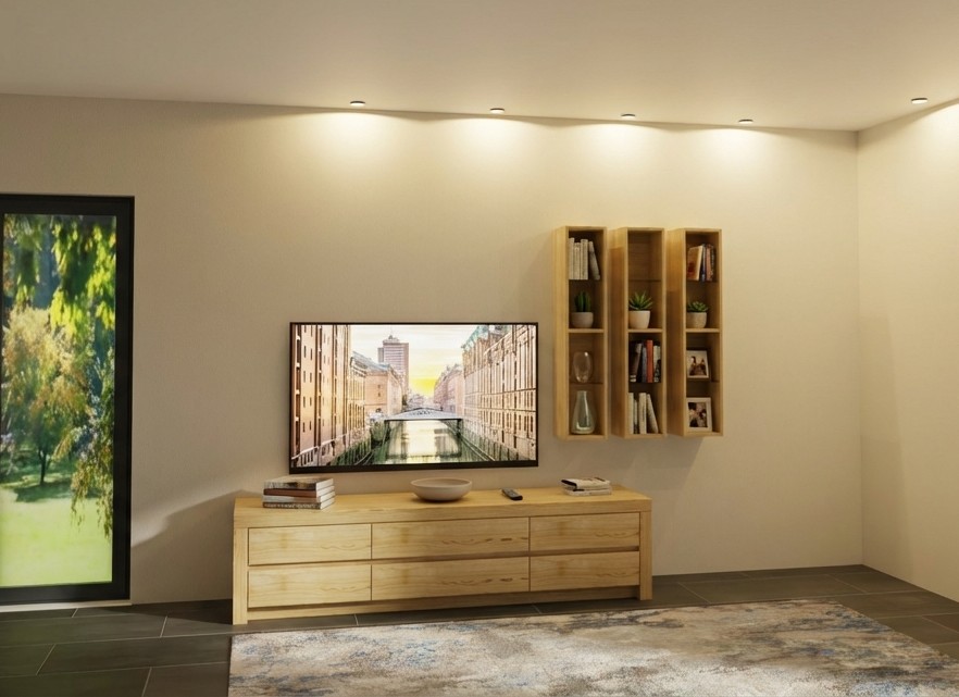 Braune Wohnwand mit einem Lowboard, 3 Hängeregalen stilvoll dekoriert in einem modernen Zimmer