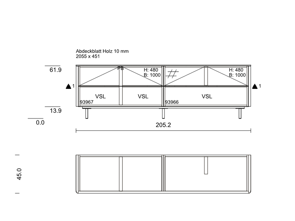 Technische Zeichnung eines modernen Sideboards mit 205,5 cm Breite, 45 cm Höhe und einer Holzabdeckplatte, dargestellt mit Maßen und Segmenten