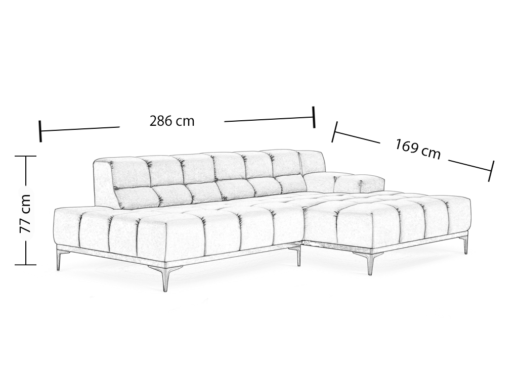 Eine schematische Strichzeichnung eines L-förmigen modularen Sofas mit gesteppten Sitz- und Rückenkissen und schlanken Beinen. Die Maße sind angegeben: 286 cm Länge, 77 cm Höhe und 169 cm Tiefe des Longchairs.