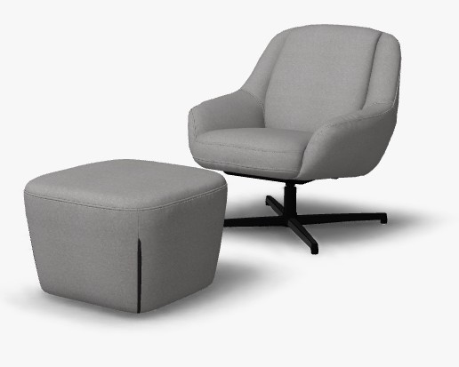 Sessel set mit einem hocker in grau und Sessel mit schwarzem kreuzfuß vor weißem Hintergrund