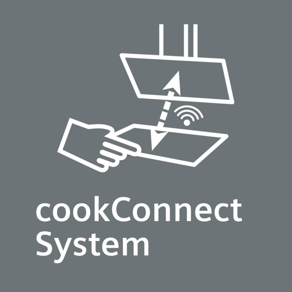 Symbol des cookConnect Systems mit Pfeil und Handzeichnung auf grauem Hintergrund