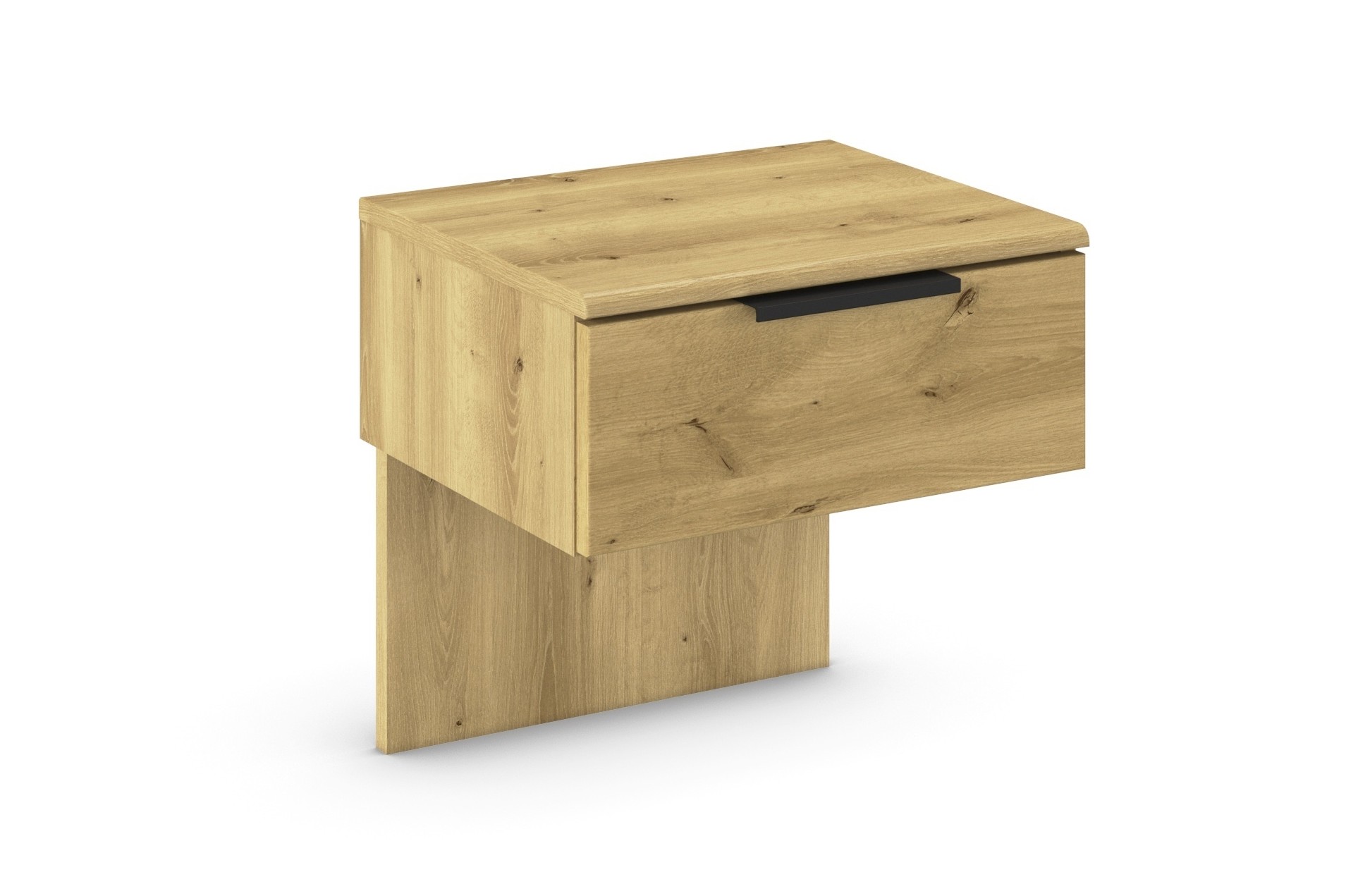 brauner Hängenachttisch mit einer Schublade und schwarzem Griff vor weißem Hintergrund