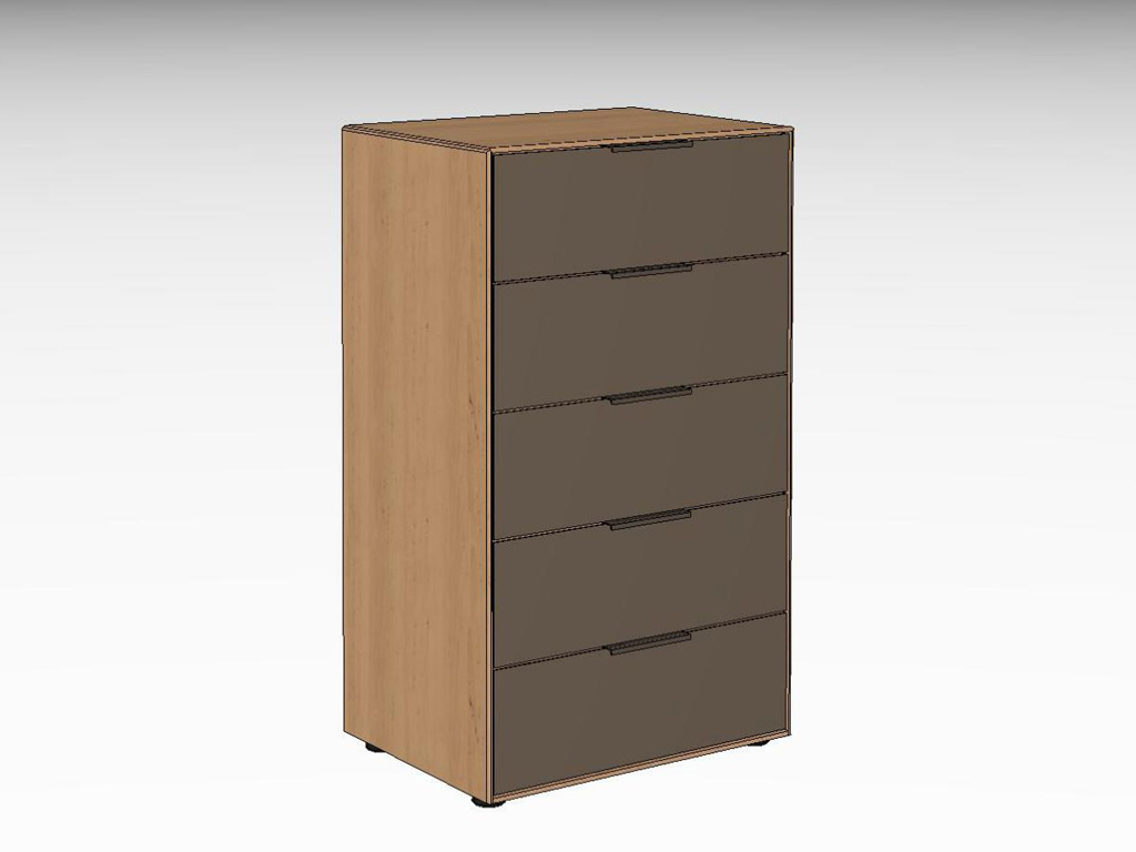 Eleganter Holzschrank mit fünf dunklen Schubladen vor hellem Hintergrund