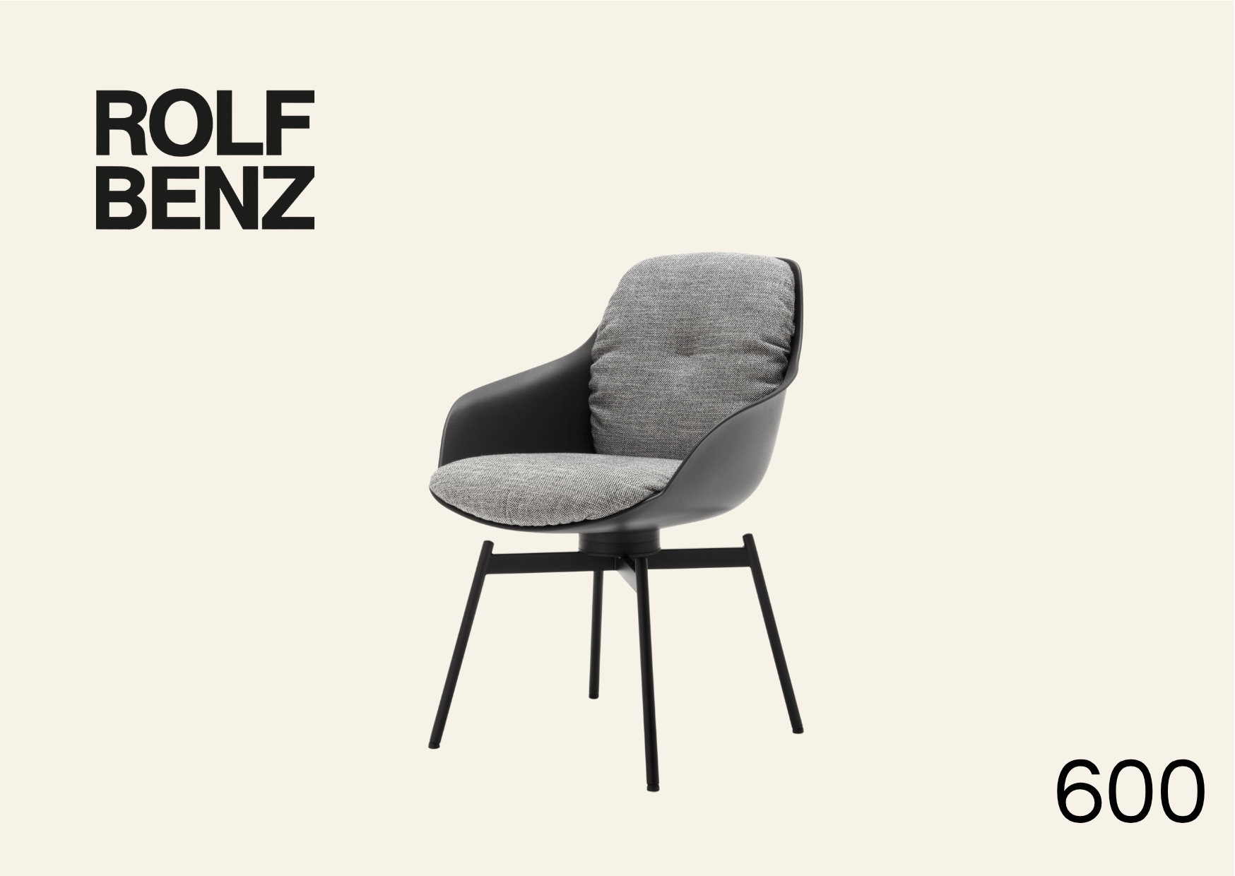 Schalenstuhl mit hellgrauem Polsterkissen. Bildaufschrift: Rolf Benz 600.