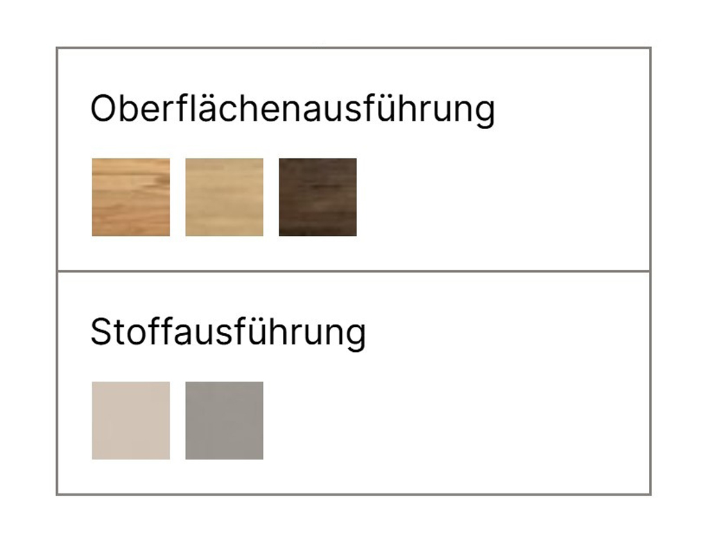 Ein Bild, das die verfügbaren Farben für das Bettgestell und den Stoff darstellt, darunter drei Holzoberflächen (von hell nach dunkel) und zwei Stofffarben (Beige und Grau).