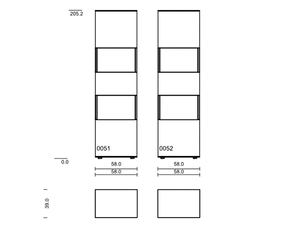 Eine technische Zeichnung von zwei hohen, schmalen Vitrinen (Modelle 0051 und 0052) mit Maßangaben für Höhe und Breite.