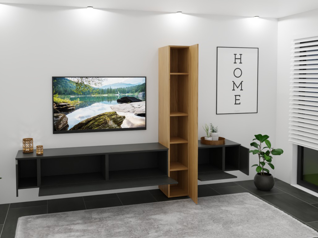 Modern eingerichtetes Wohnzimmer mit einem großen TV, einem schwarzen Wandregal, einem Holzregal, Pflanzen und Wanddekoration.