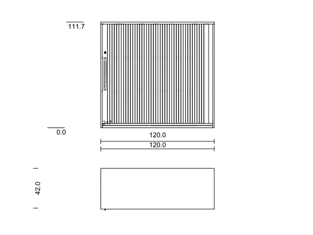 Detaillierte technische Zeichnung eines Schranks mit Maßen 120 x 42 cm und einer Tür zum Schieben.